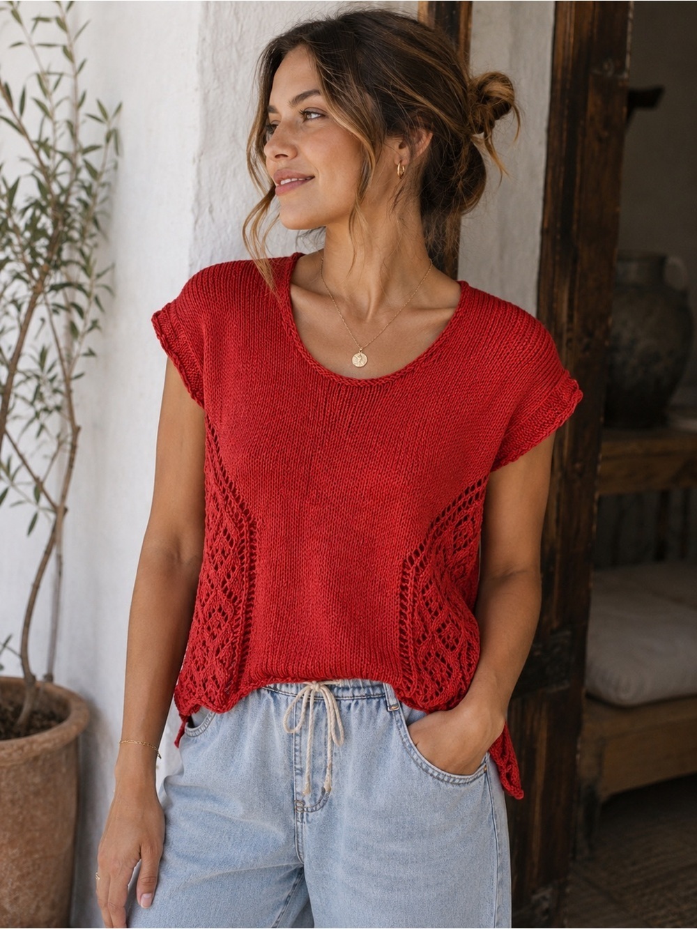 Artisan Handmade Red Knit Short Sleeve Sweater Size S M Boho Cottagecore